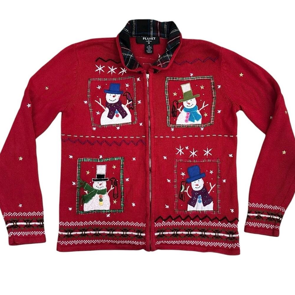 Red Christmas Cardigan Sweater Women M Snowman Embroidered Ugly Xmas Full Zip